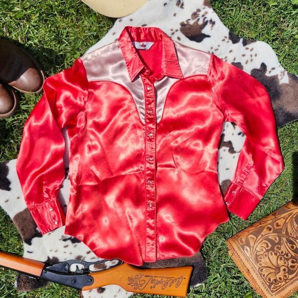 Red Satin Vintage Western Shirt MGW - Picture 2 of 3